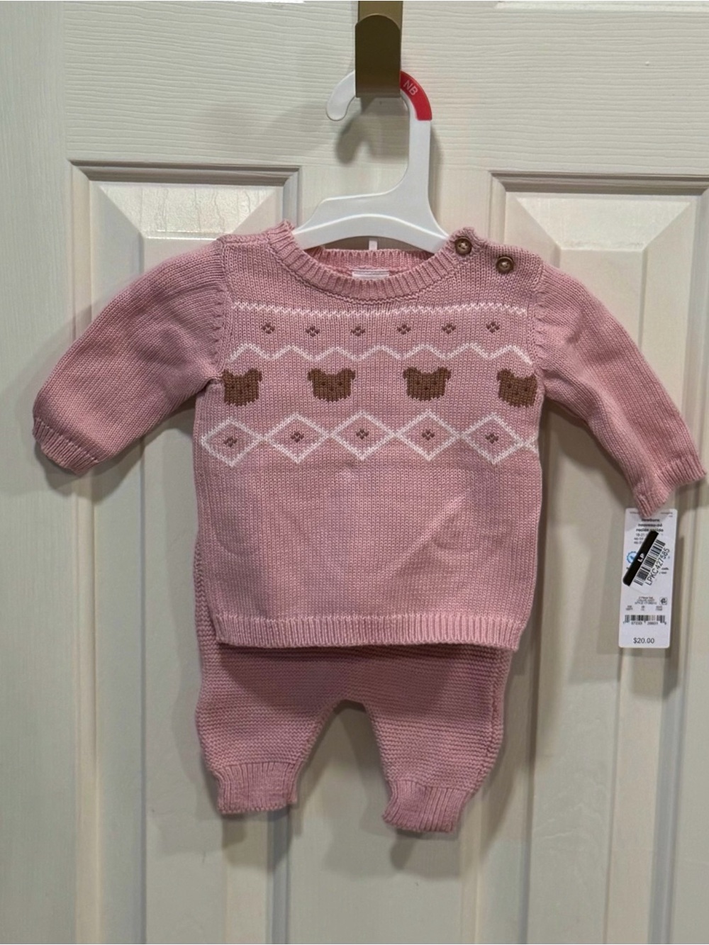 Baby Knit Sweater & Pants Set - Pink with Brown Bears